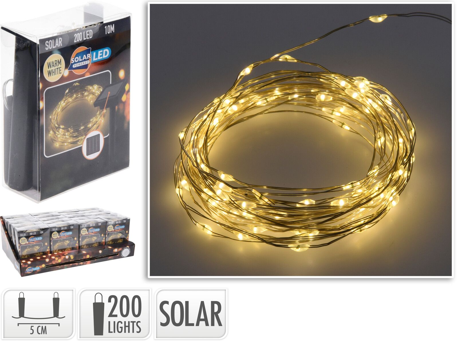 Catena Micro LED a energia solare, 200 LED, luce bianco caldo