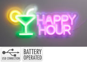 Scritta "Happy Hour" al neon, 35x16 cm, colori rosa/verde