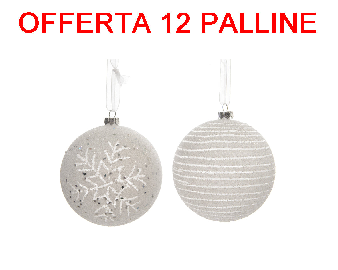 OFFERTA 12 PALLINE DI NATALE 8CM BIANCO INVERNO DECORAZIONE ASSORTITA