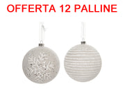 OFFERTA 12 PALLINE DI NATALE 8CM BIANCO INVERNO DECORAZIONE ASSORTITA