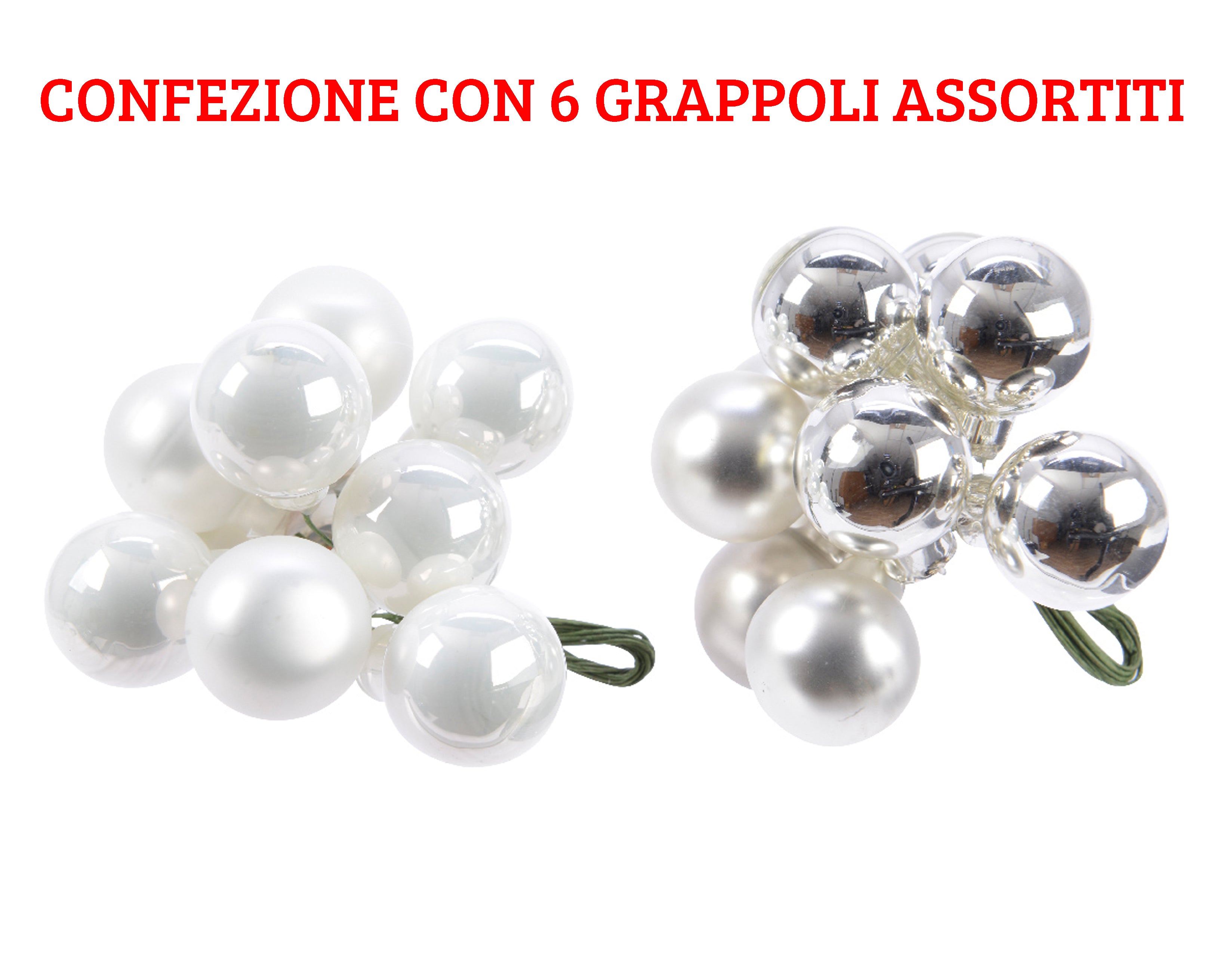 6 DECORAZIONI APPENDIBILI 2CM ARGENTO/BIANCO INVERNO ASSORTITE