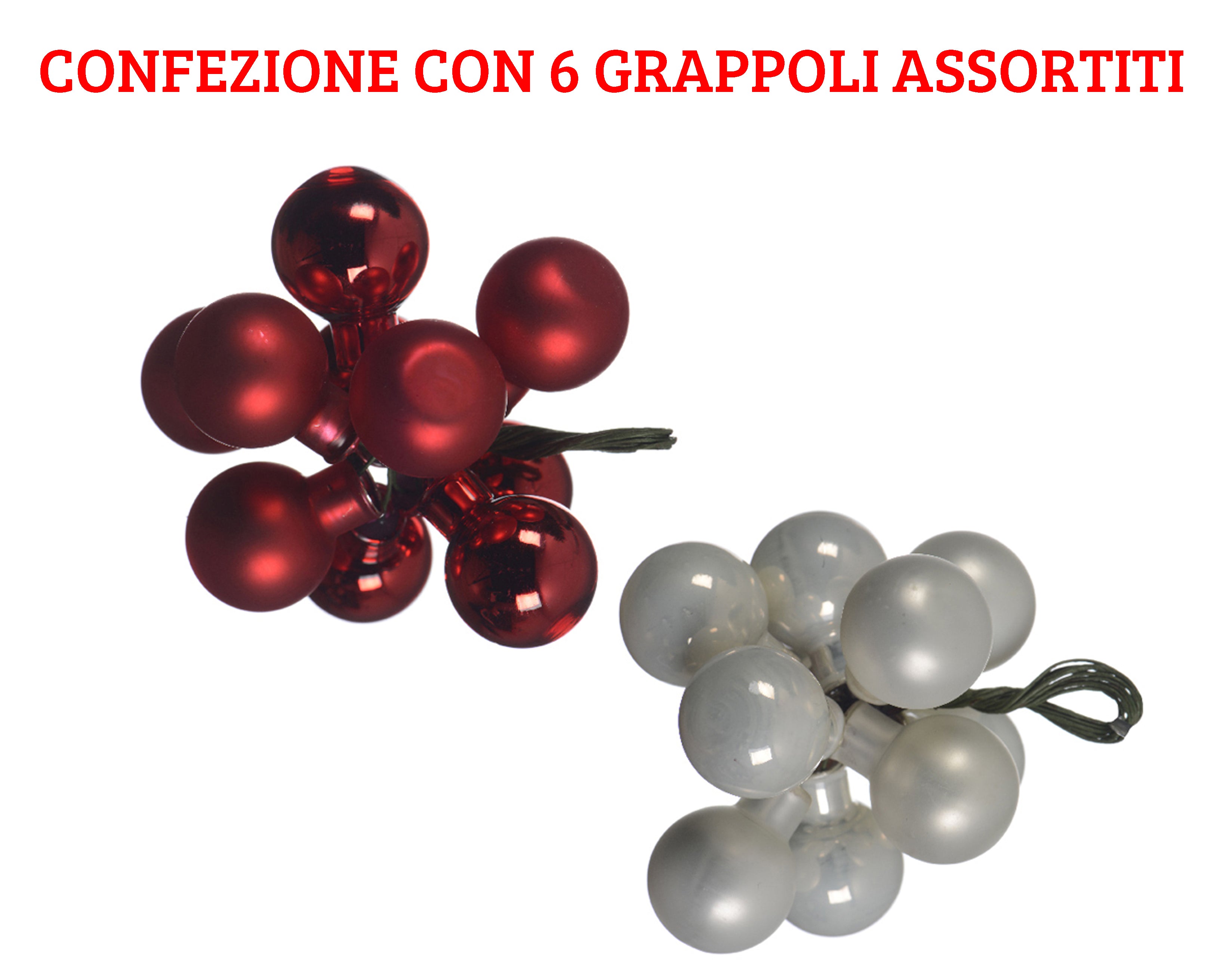 6 GRAPPOLI DI PALLINE 10 PZ DA 2CM BIANCO/ROSSO ASSORTITI