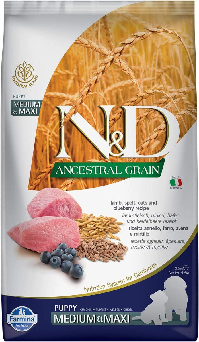 CROCCHETTE CANE N&D ANCESTRAL PUPPY MEDIUM&MAXI AGNELLO, FARRO, AVENA & MIRTILLO 2,5KG
