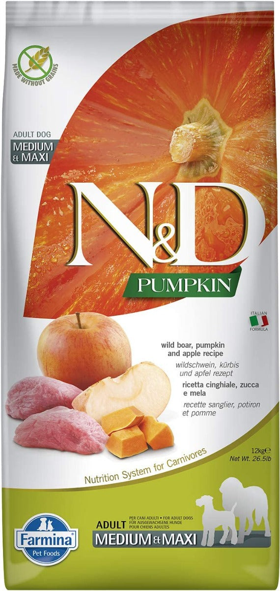 CROCCHETTE PER CANI N&D GRAIN FREE CINGHIALE, ZUCCA E MELA ADULT MEDIUM/MAXI 12 KG