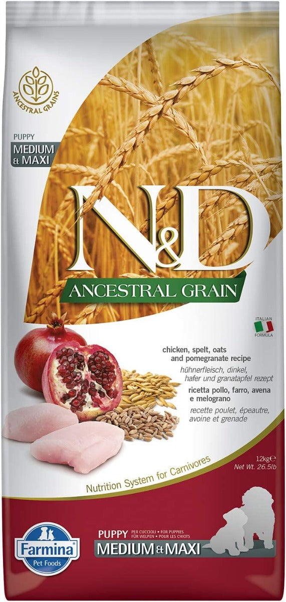 CROCCHETTE CANE ANCESTRAL DOG MEDIUM E MAXI PUPPY LOW GRAIN CON POLLO E MELOGRANO 12KG