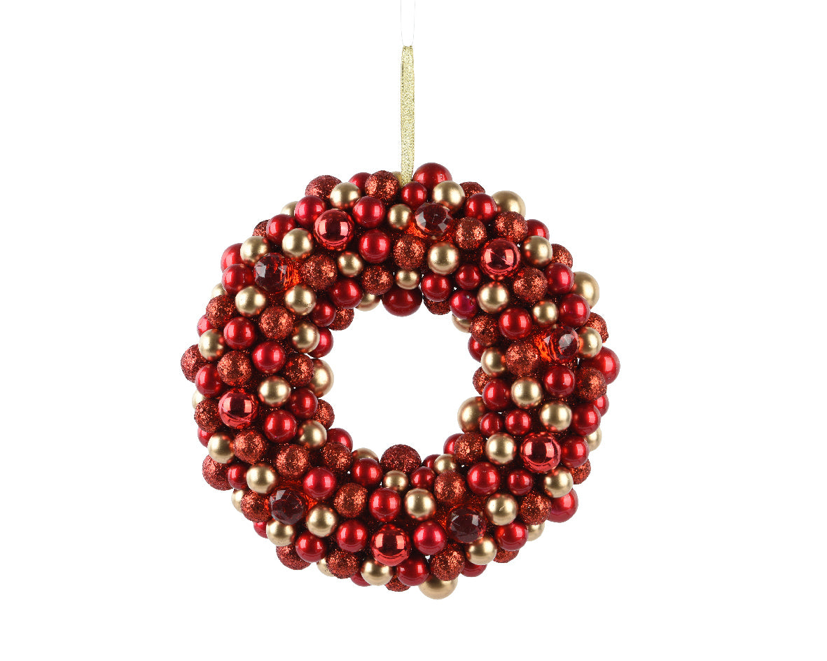 Corona con Sfere Opache Lucide Glitter Oro/Rosso D.25 cm
