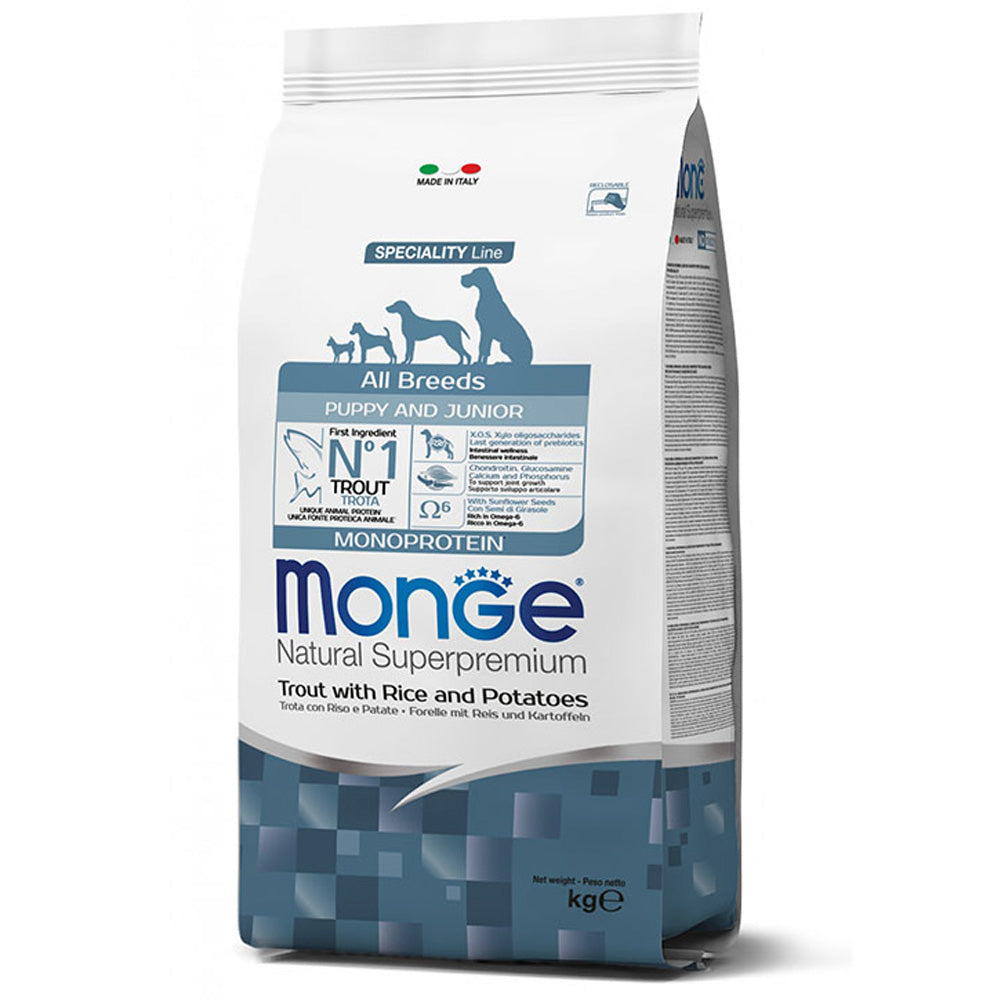 CROCCHETTE PER CANI PICCOLI E GRANDI ALL BREEDS MONOPROTEICO SUPERPREMIUM 12 KG TROTA, RISO E PATATE