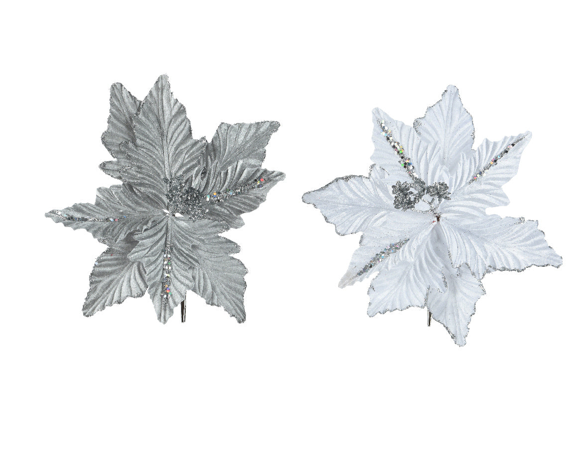 POINSETTIA STELLA DI NATALE DECORATIVA CON GLITTER E PAILLETTES ARGENTO D24CM COLORE ASSORTITO