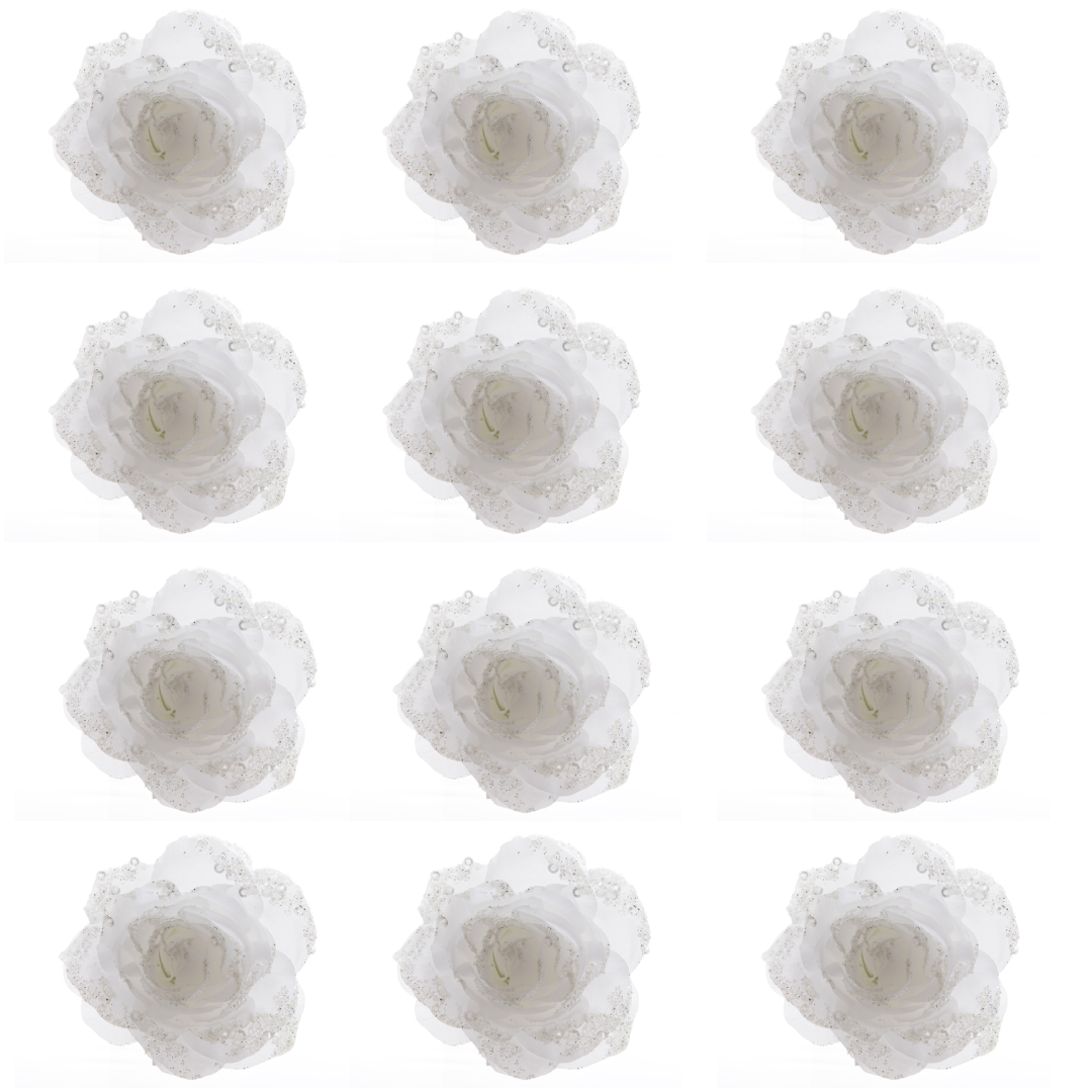 OFFERTA 12 ROSE APPENDIBILI CON CLIP E GLITTER 14X8,5CM BIANCO INVERNO