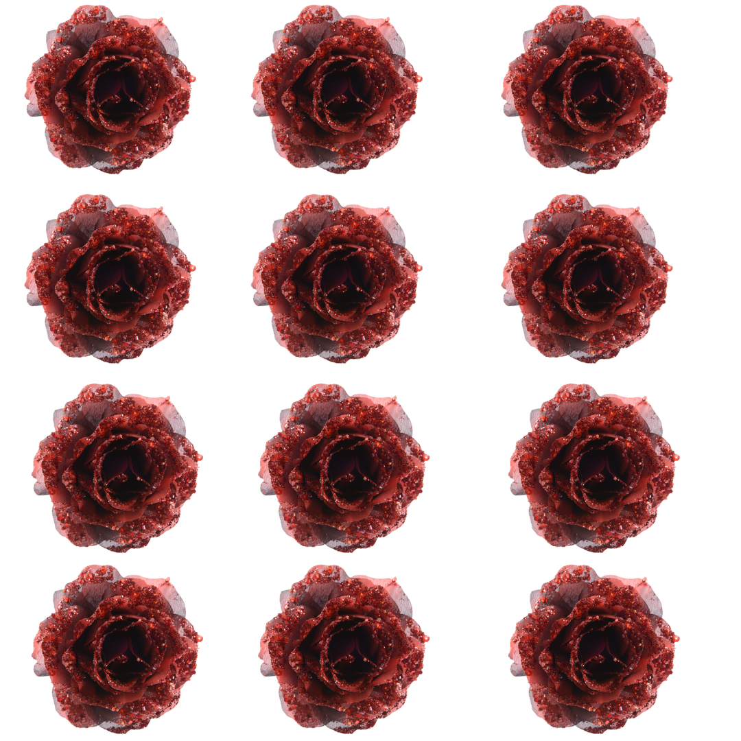 OFFERTA 12 ROSE APPENDIBILI CON CLIP 14CM CON GLITTER BORDEAUX