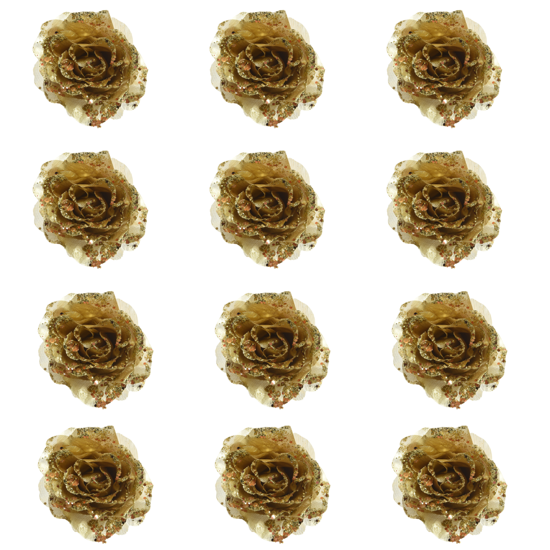 OFFERTA 12 ROSE APPENDIBILI CON CLIP E GLITTER 14X8,5CM ORO CHIARO