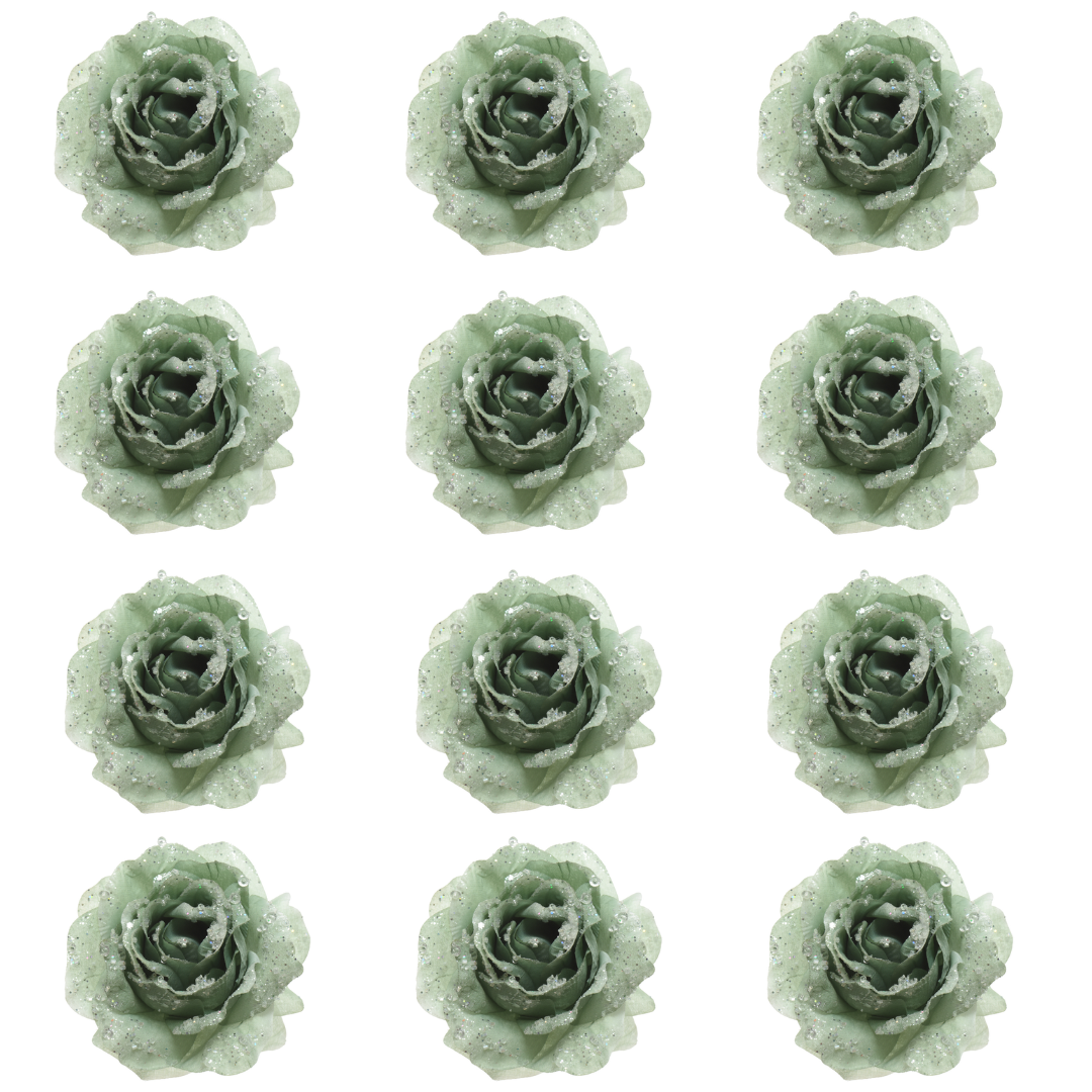 OFFERTA 12 ROSE APPENDIBILI CON CLIP E GLITTER 14X8,5CM VERDE SALVIA