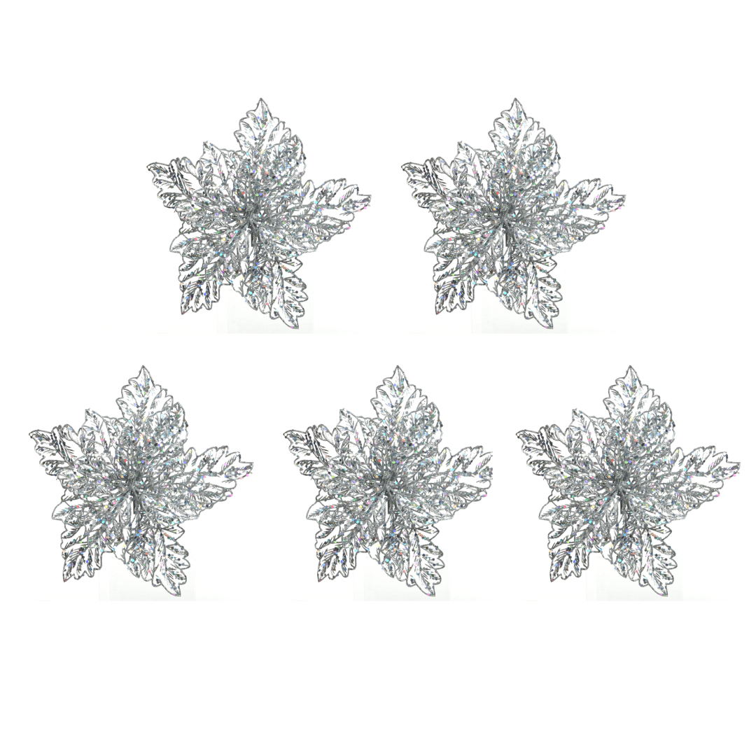 OFFERTA 5 POINSETTIE APPENDIBILI CON CLIPS 23.5 X 10 CM CON GLITTER ARGENTO