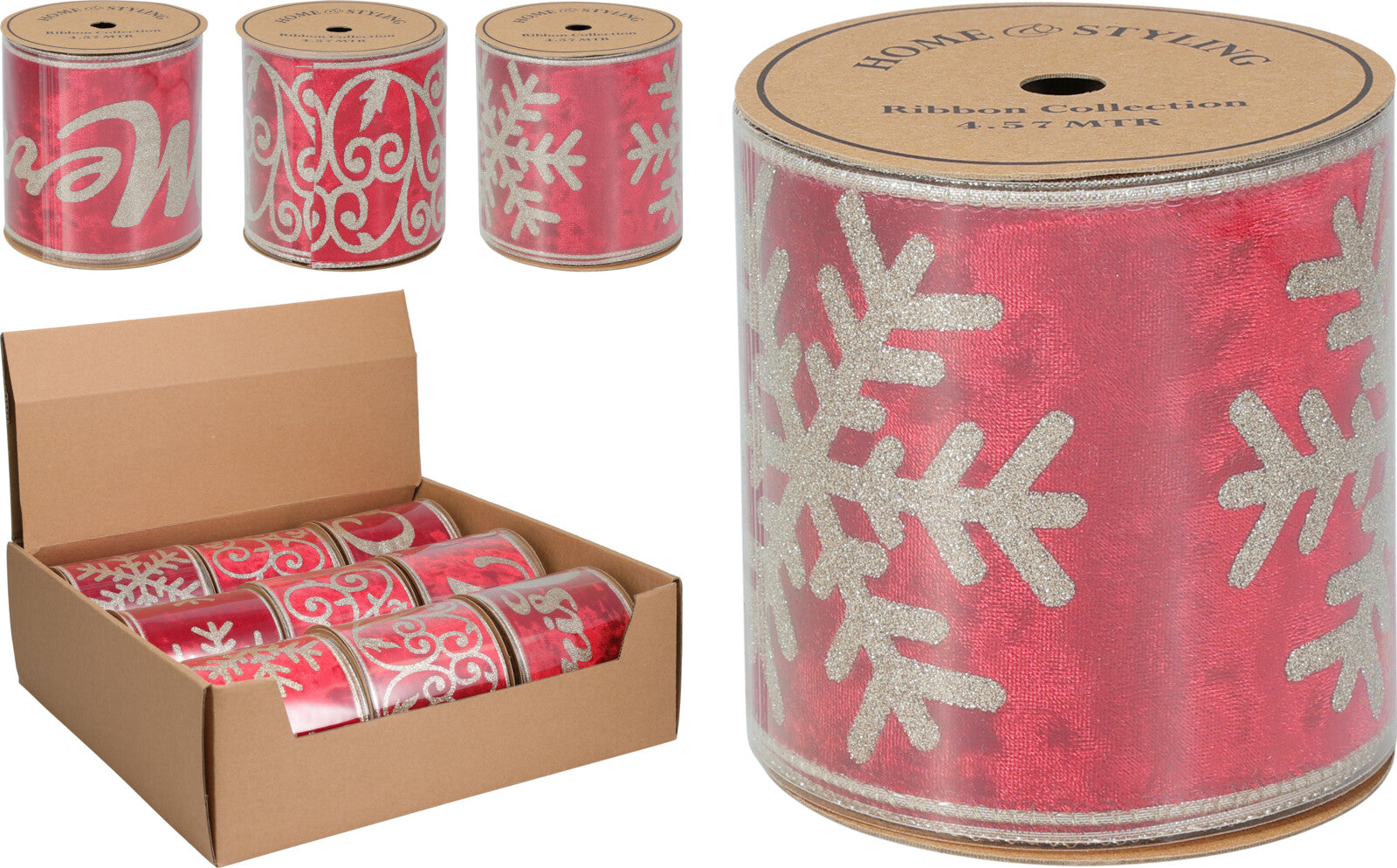 Nastro Natalizio Fiocco di Neve 457x10cm - Rosso Assortito