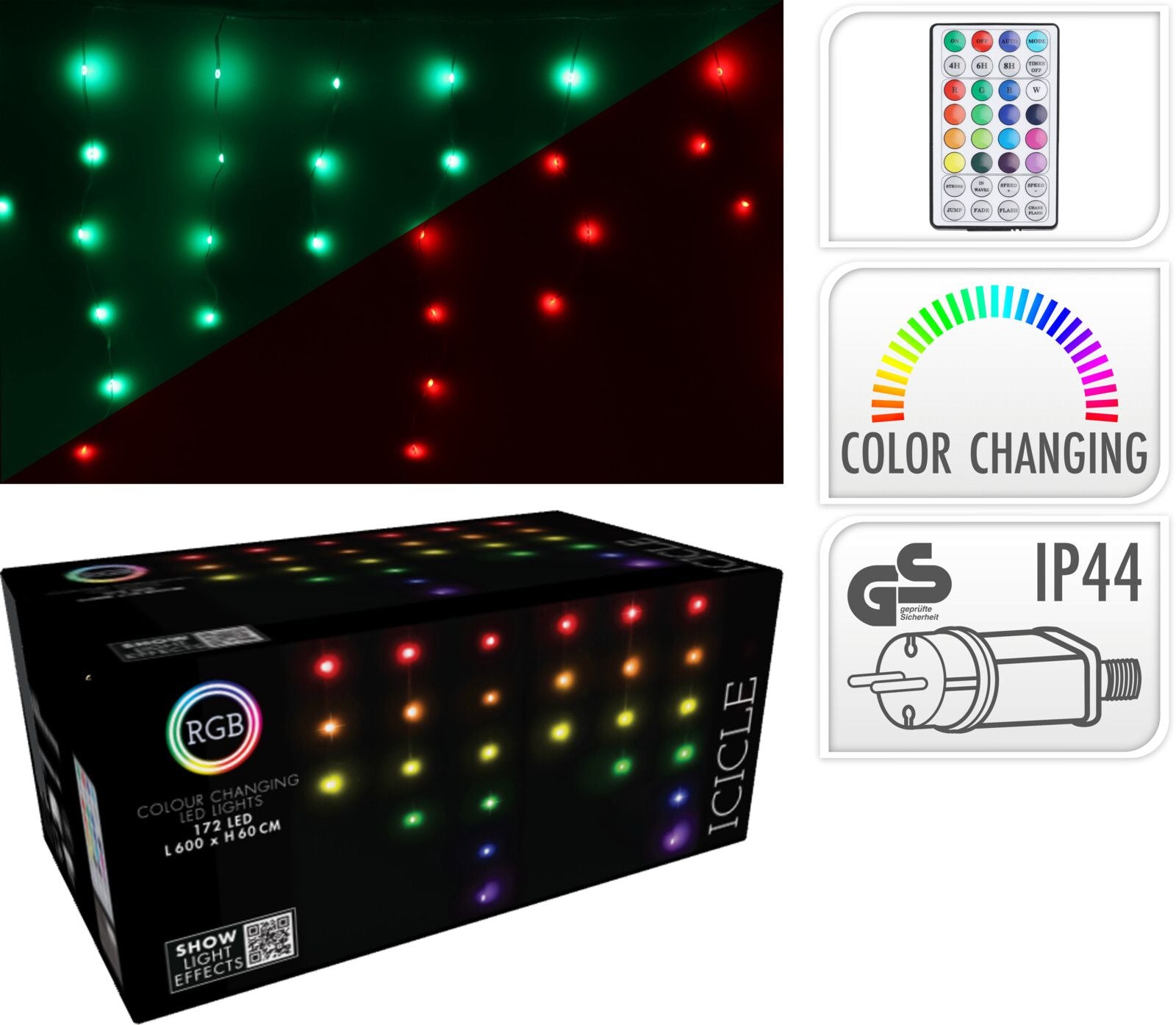 Tenda luminosa a LED RGB, 172 LED, 60x600 cm, multicolore