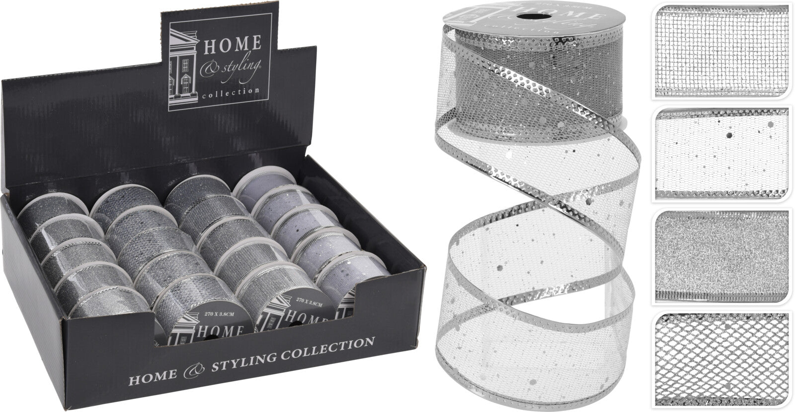 OFFERTA 3 NASTRI GLITTER ARGENTO 4X270CM ASSORTITI