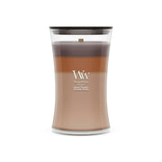 Candela Radiant Cashmere a clessidra grande Trilogy 609g sfumature naturali WoodWick