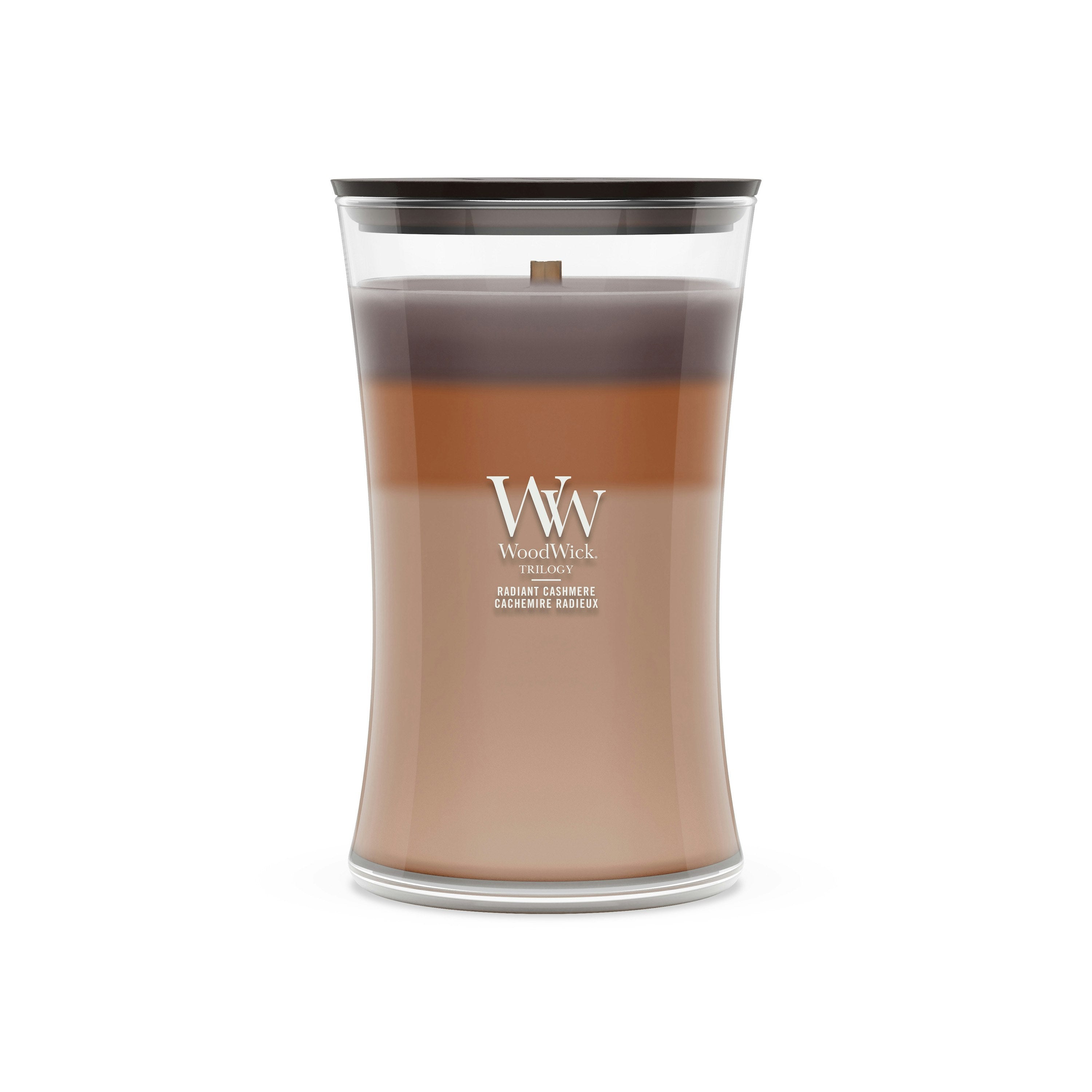 Candela Radiant Cashmere a clessidra grande Trilogy 609g sfumature naturali WoodWick