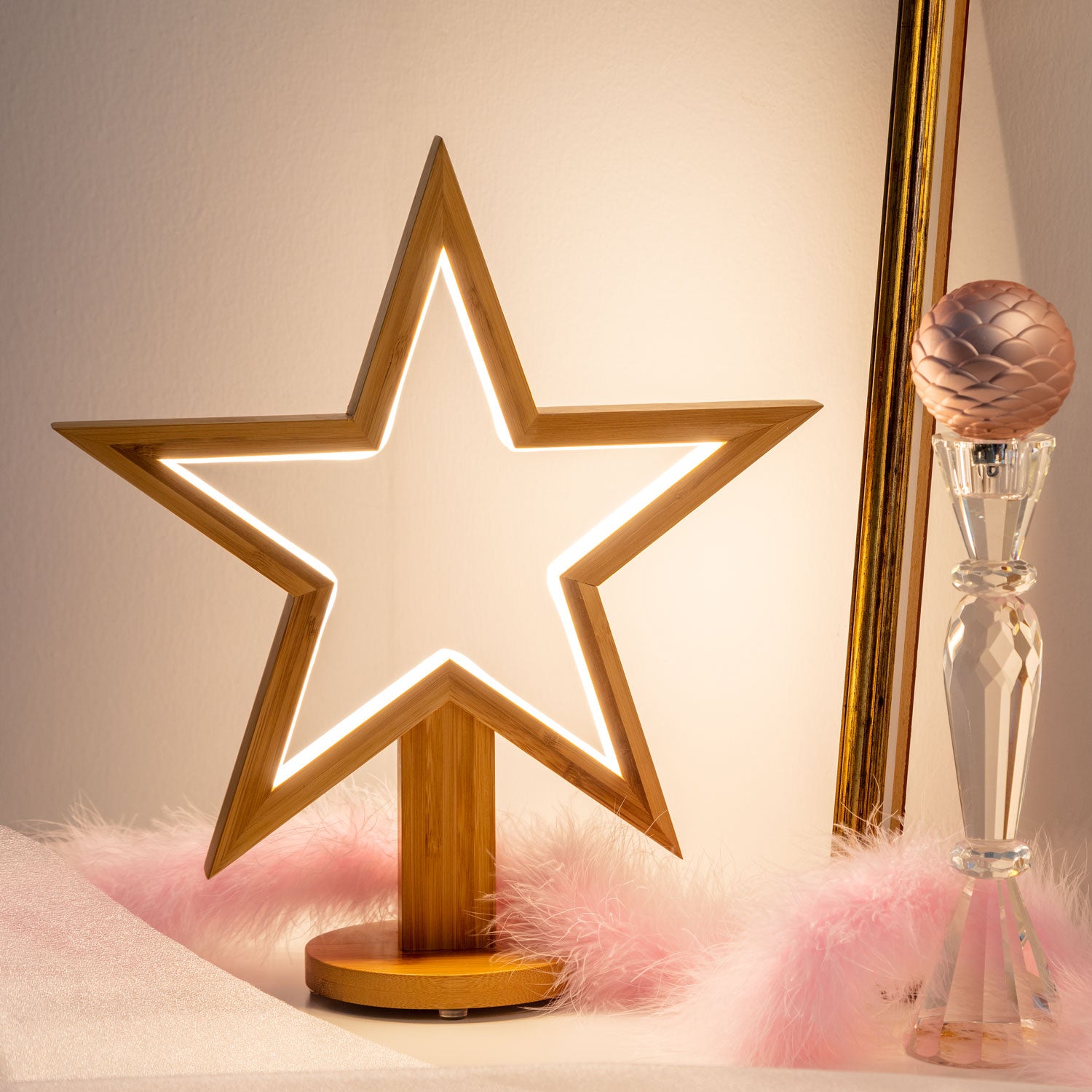 STELLA CON BASE H35CM DLW LEGNO NATURALE CHIARO, ILLUMINAZIONE INTERNA CON STRIP