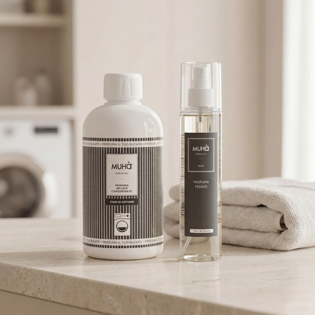 Set Profumatore Ambiente e Spray Bucato Fiori di Cotone 100ml + 250ml Bianco MUHA