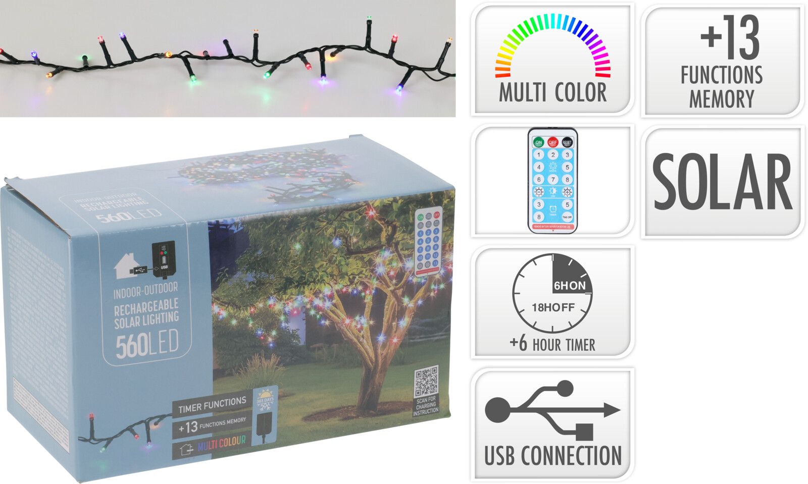 Catena luminosa ricaricabile, 560 LED, multicolore