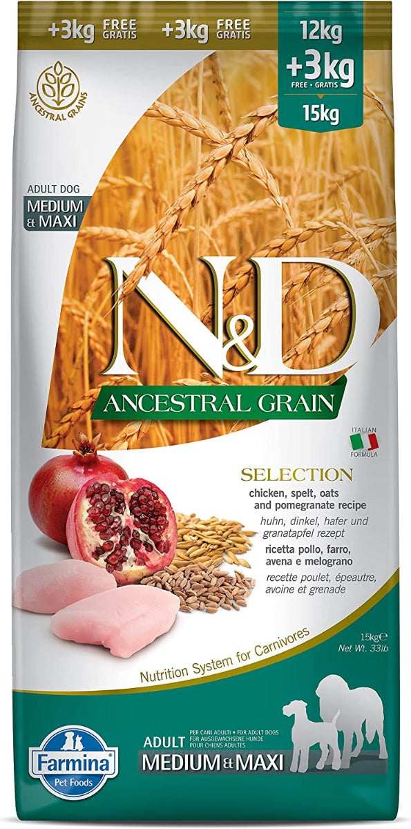 CROCCHETTE PER CANI N&D ANCESTRAL GRAIN POLLO, AVENA, FARRO E MELOGRANO 15 KG