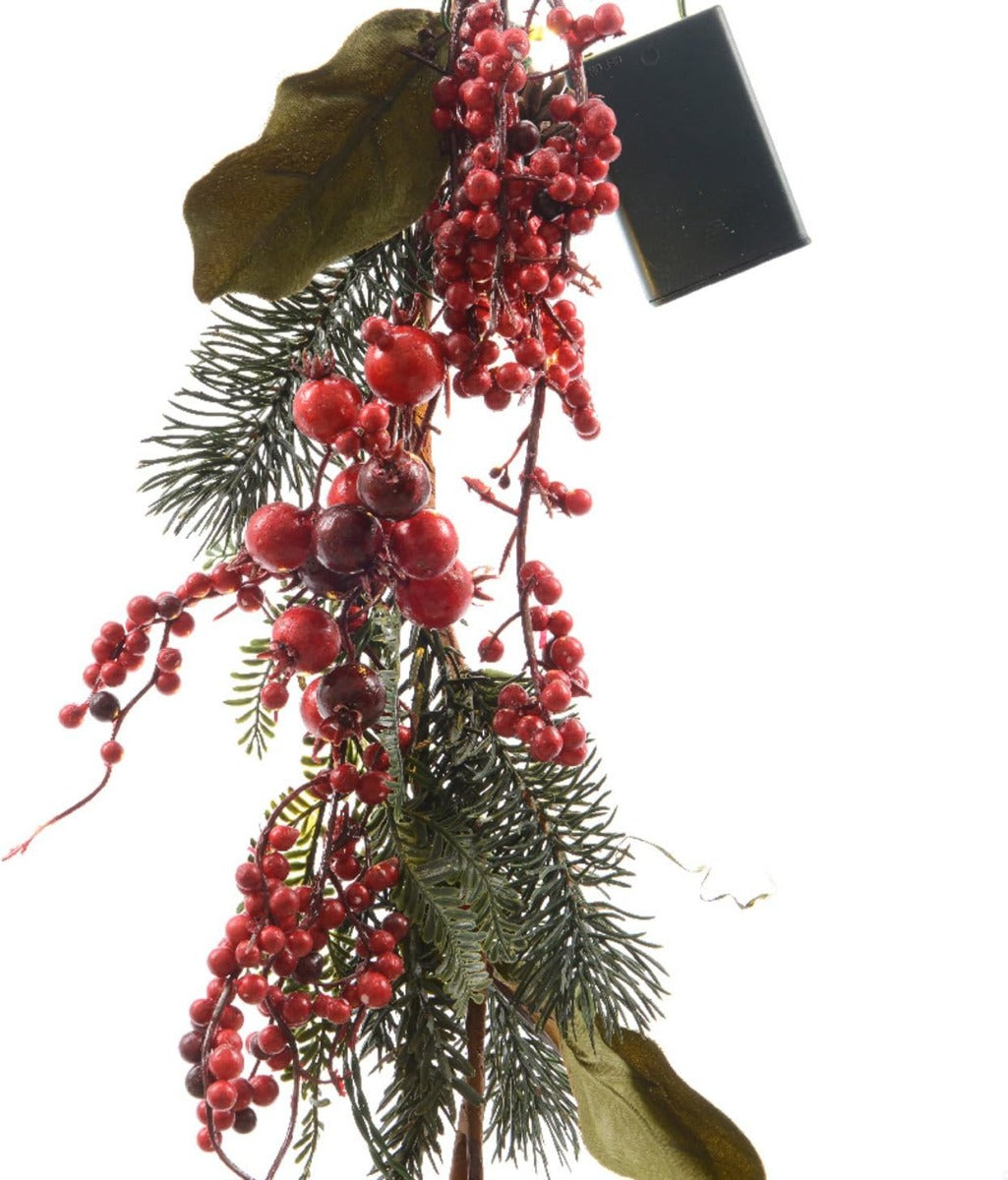 GHIRLANDA CON BACCHE ROSSE E 20 LED LUCE BIANCA CALDA 180CM