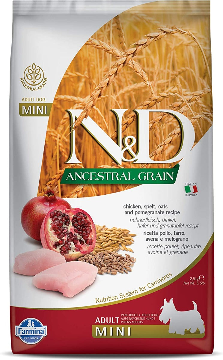 CROCCHETTE N&D ANCESTRAL GRAIN PER CANI ADULT MINI CON POLLO E MELOGRANO DA 2,5 KG