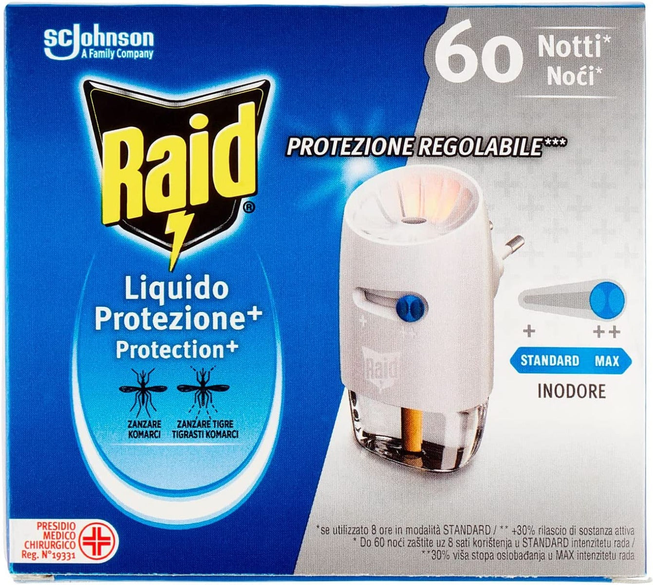 RAID ANTIZANZARE PROTEZIONE REGOLABILE 60 NOTTI 1 DIFFUSORE CON 1 RICARICA 36 ML