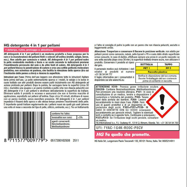 HG DETERGENTE 4 IN 1 PER PELLAMI 300 ML