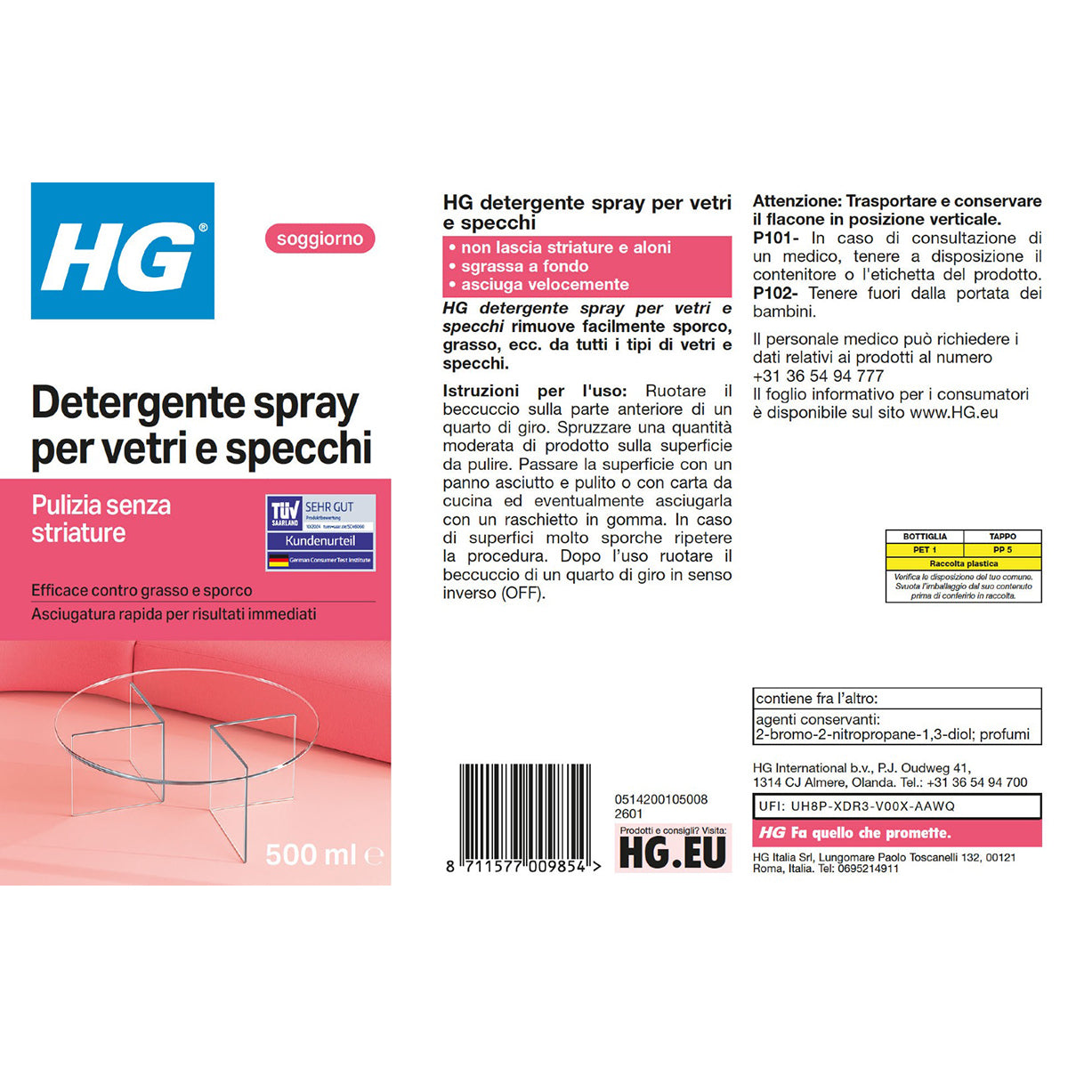 HG DETERGENTE SPRAY PER VETRI E SPECCHI 500 ML
