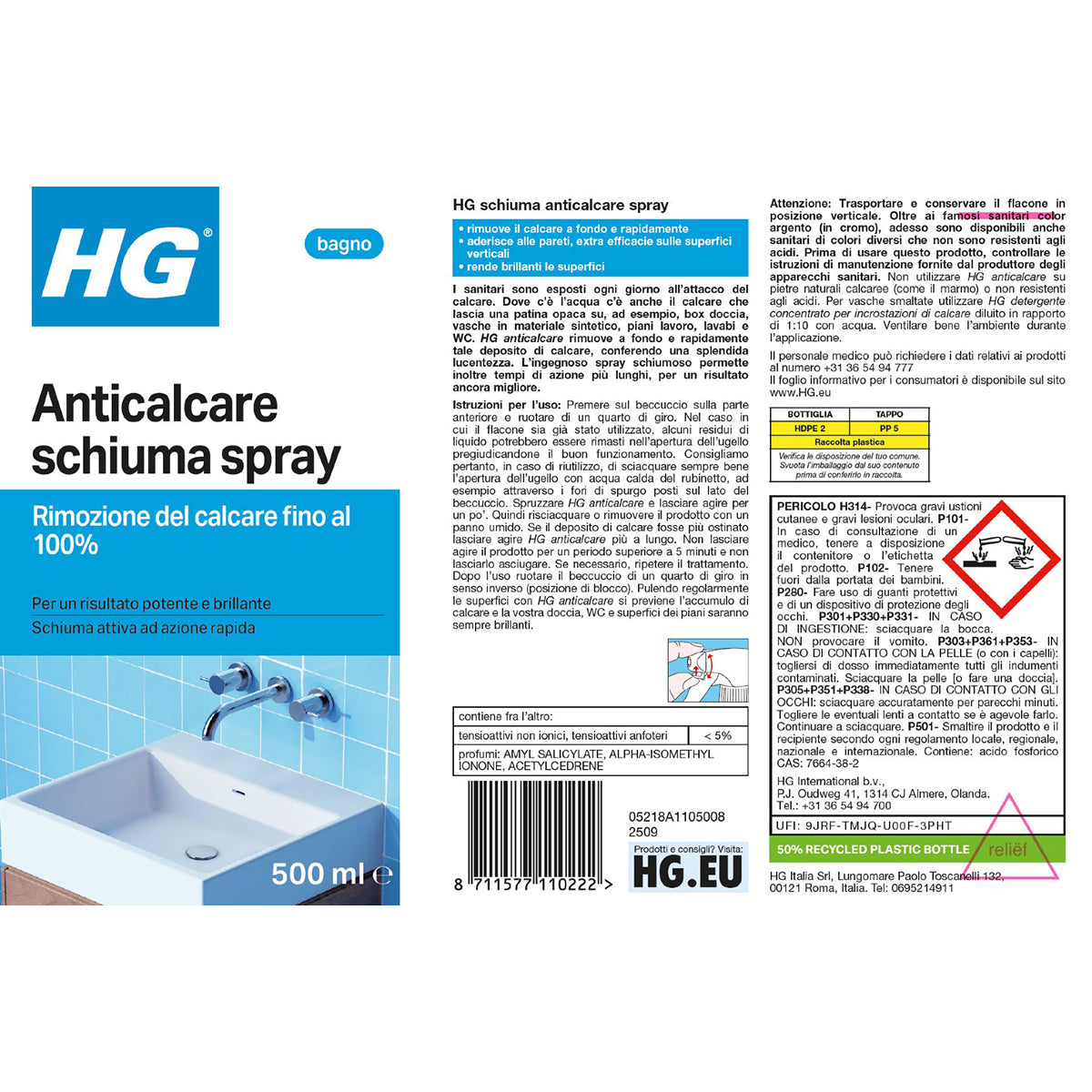 Spray anticalcaire HG avec mousse 500 ml