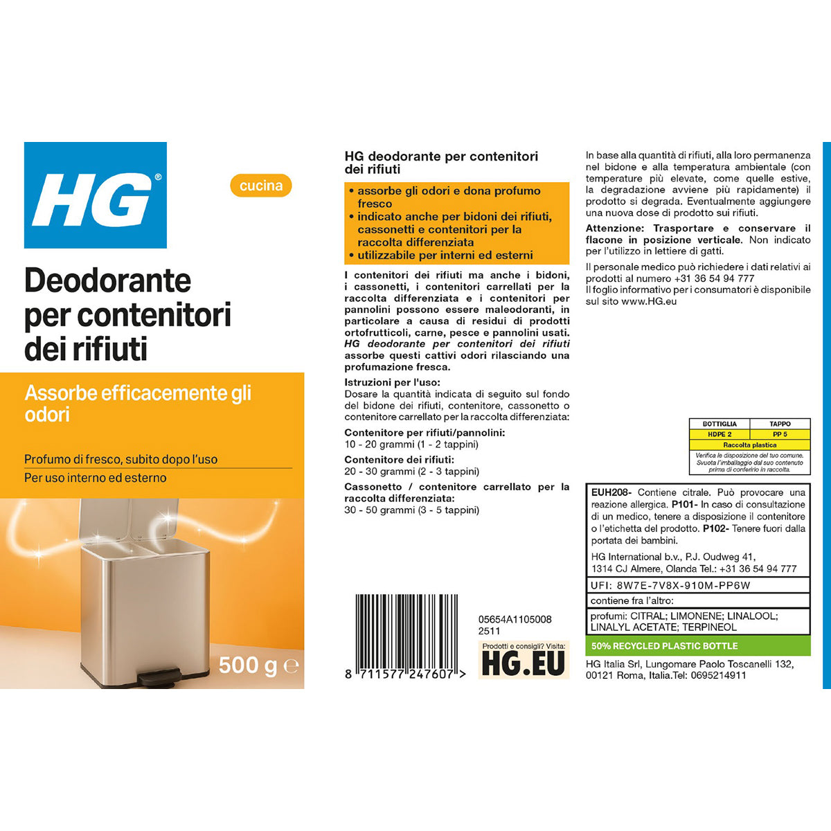 HG DEODORANTE PER CONTENITORE RIFIUTI 500 GR