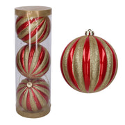 3 Palline con Strisce glitter D.15 cm Rosso/Oro