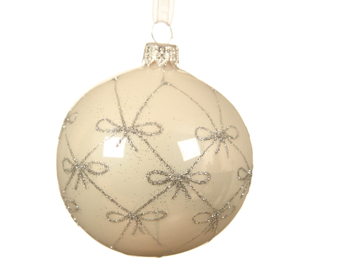 PALLINA DI NATALE IN VETRO CREMA CON DECORAZIONI GLITTER 8CM