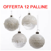 OFFERTA 12 PALLINE DI NATALE 8CM BIANCO/TRASPARENTE CON PIZZO ASSORTITA