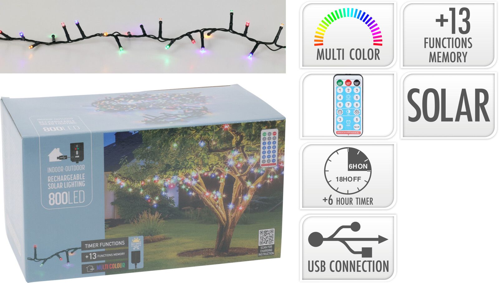 Catena luminosa ricaricabile, 800 LED, multicolore