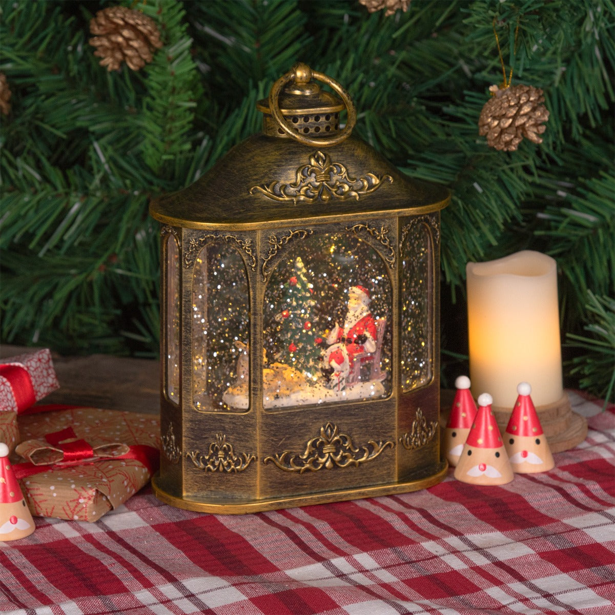 LANTERNA BRUNITA LUMINOSA CON ANELLO E BABBO NATALE CON RENNE H28CM