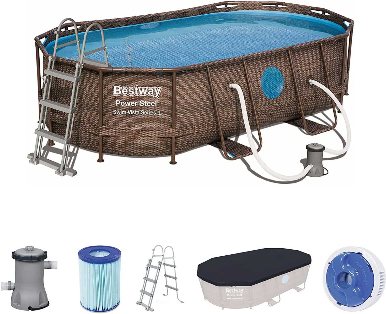 PISCINA OVALE SWIM VISTA 427X250X100CM CON POMPA FILTRO SCALETTA E TELI COPERTURA