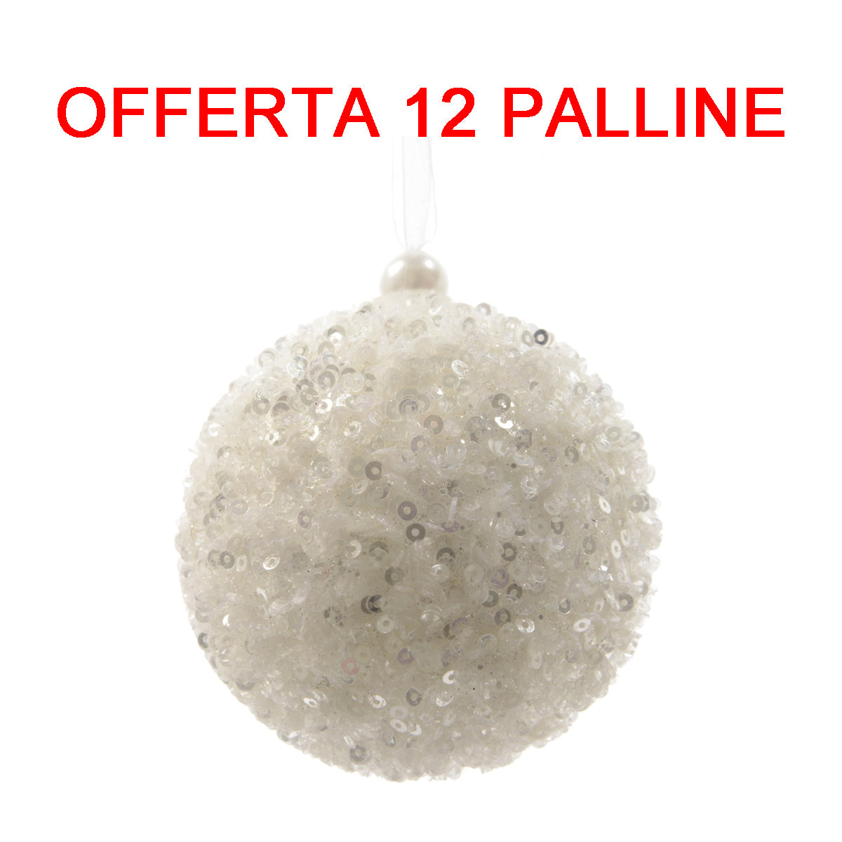 OFFERTA 12 PALLINE DI NATALE 8CM CON PERLINE BIANCO INVERNO