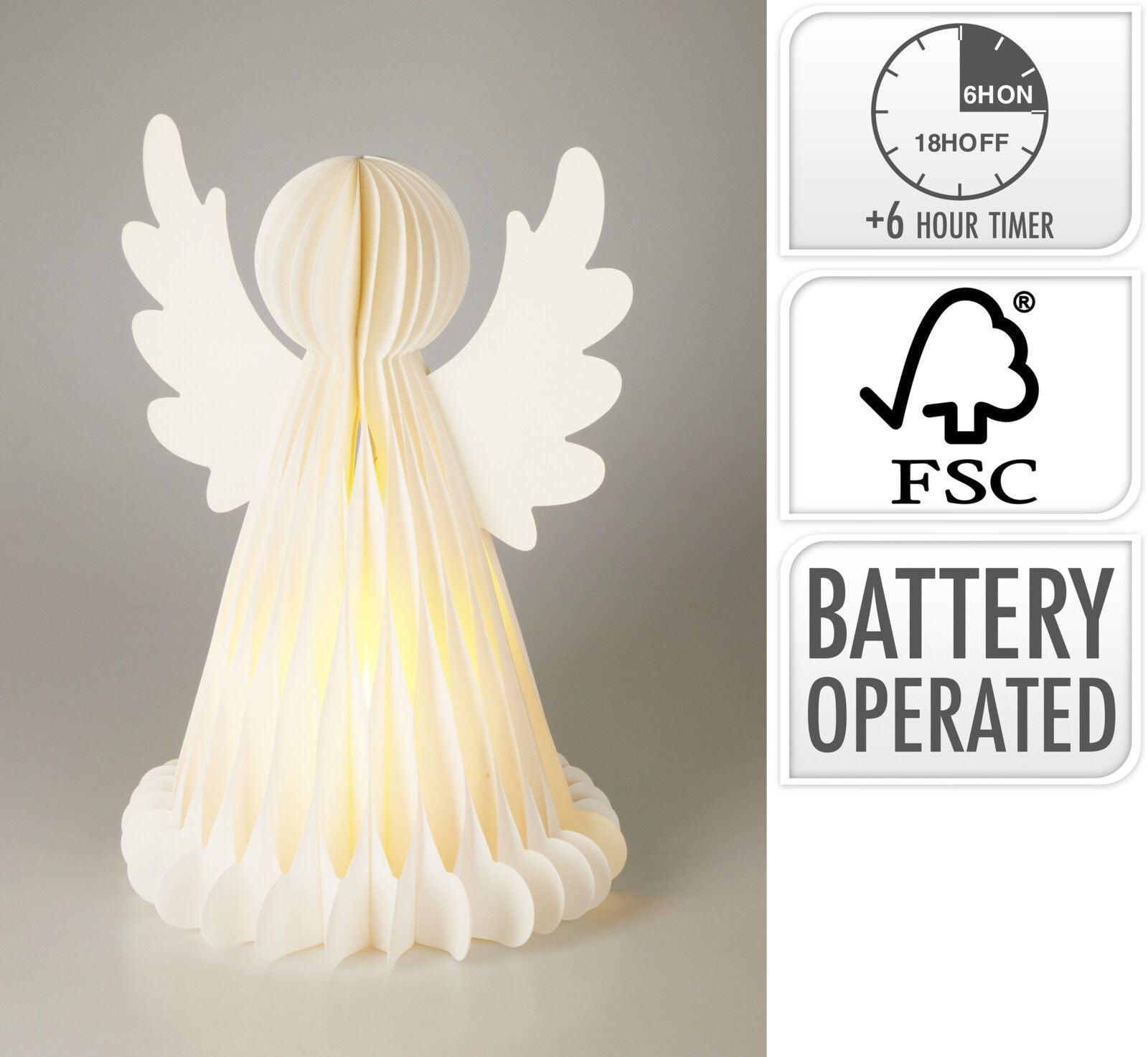 Angelo decorativo in carta con LED, altezza 50 cm, colore bianco