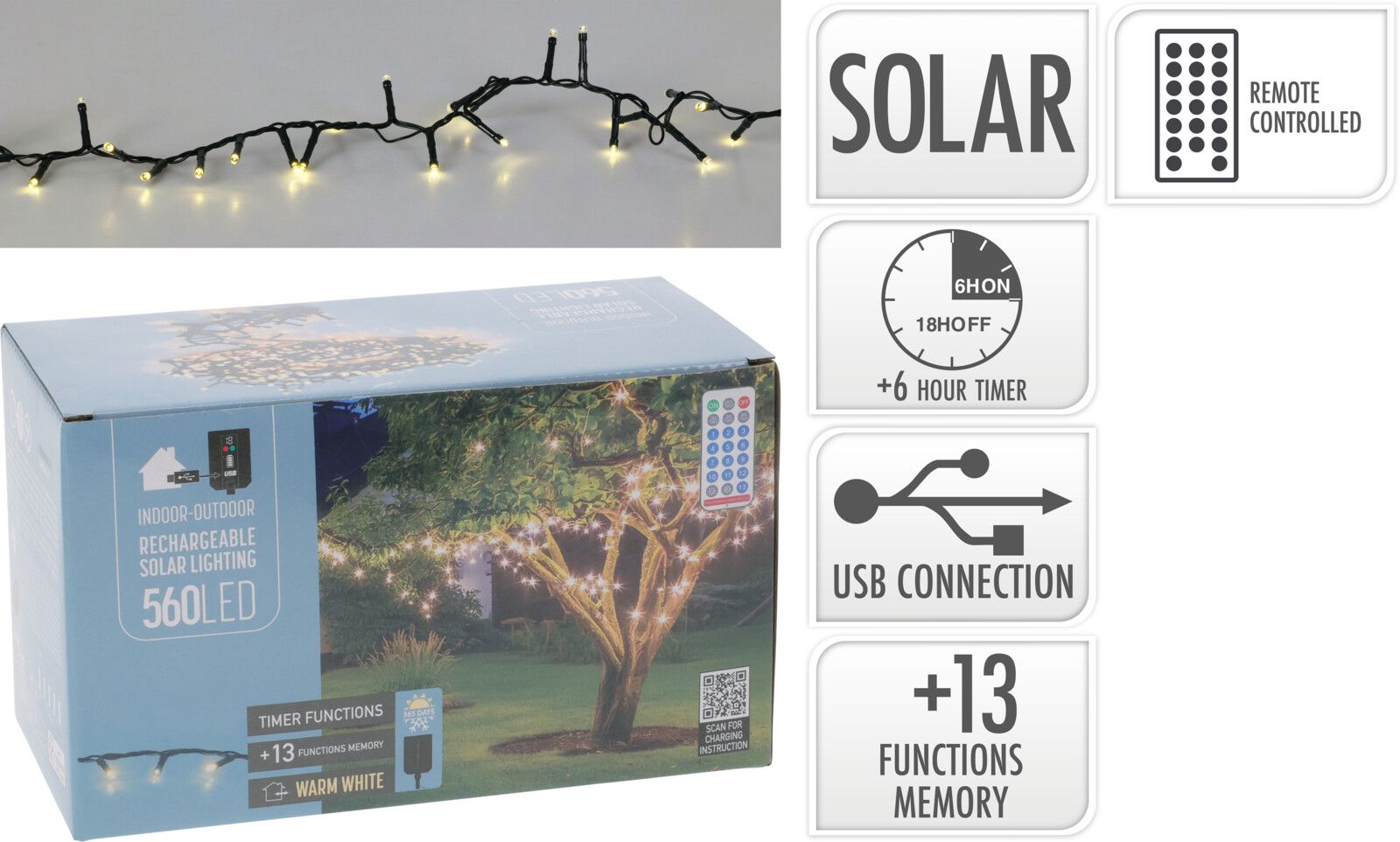 Catena luminosa ricaricabile, 560 LED, luce bianco caldo