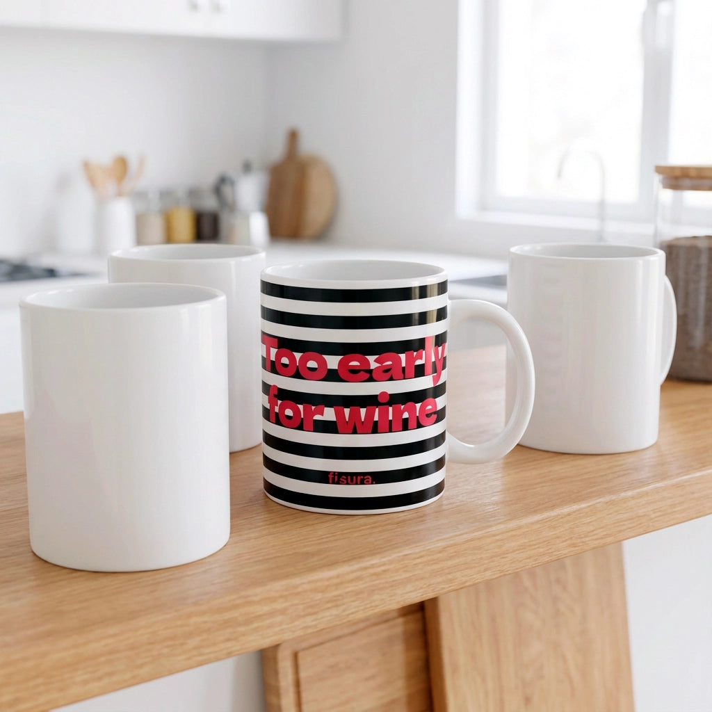 Tazza con Scritta Too Early For Wine a Righe 350ml Bianco e Nero Fisura