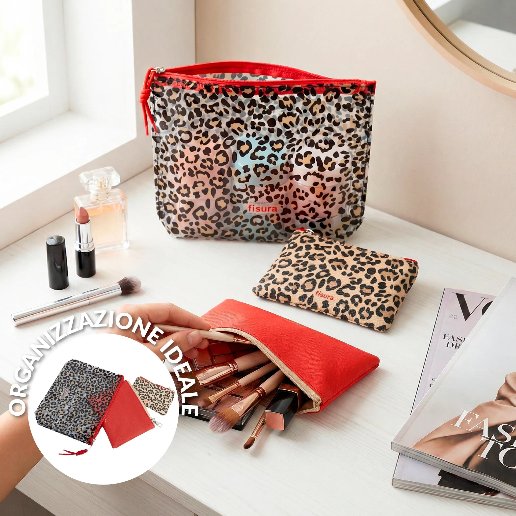 Beauty Case Triplo Leopardato 26x16x9 cm Leopardato Fisura