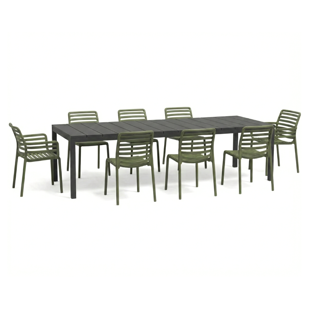 OFFERTA TAVOLO RIO ESTENDIBILE 210/280CM ANTRACITE +6 SEDIE +2 POLTRONE DOGA AGAVE