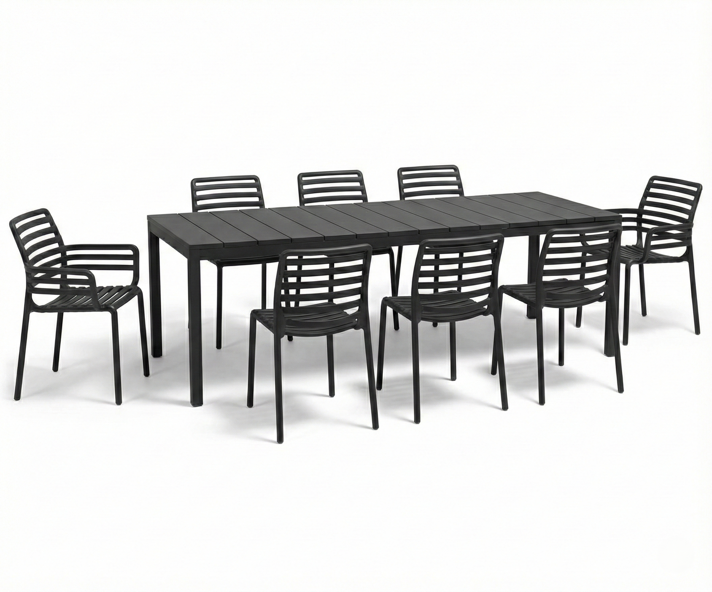 OFFRE : TABLE EXTENSIBLE RIO 210/280CM ANTHRACITE + 6 CHAISES + 2 FAUTEUILS À LATTES ANTHRACITE