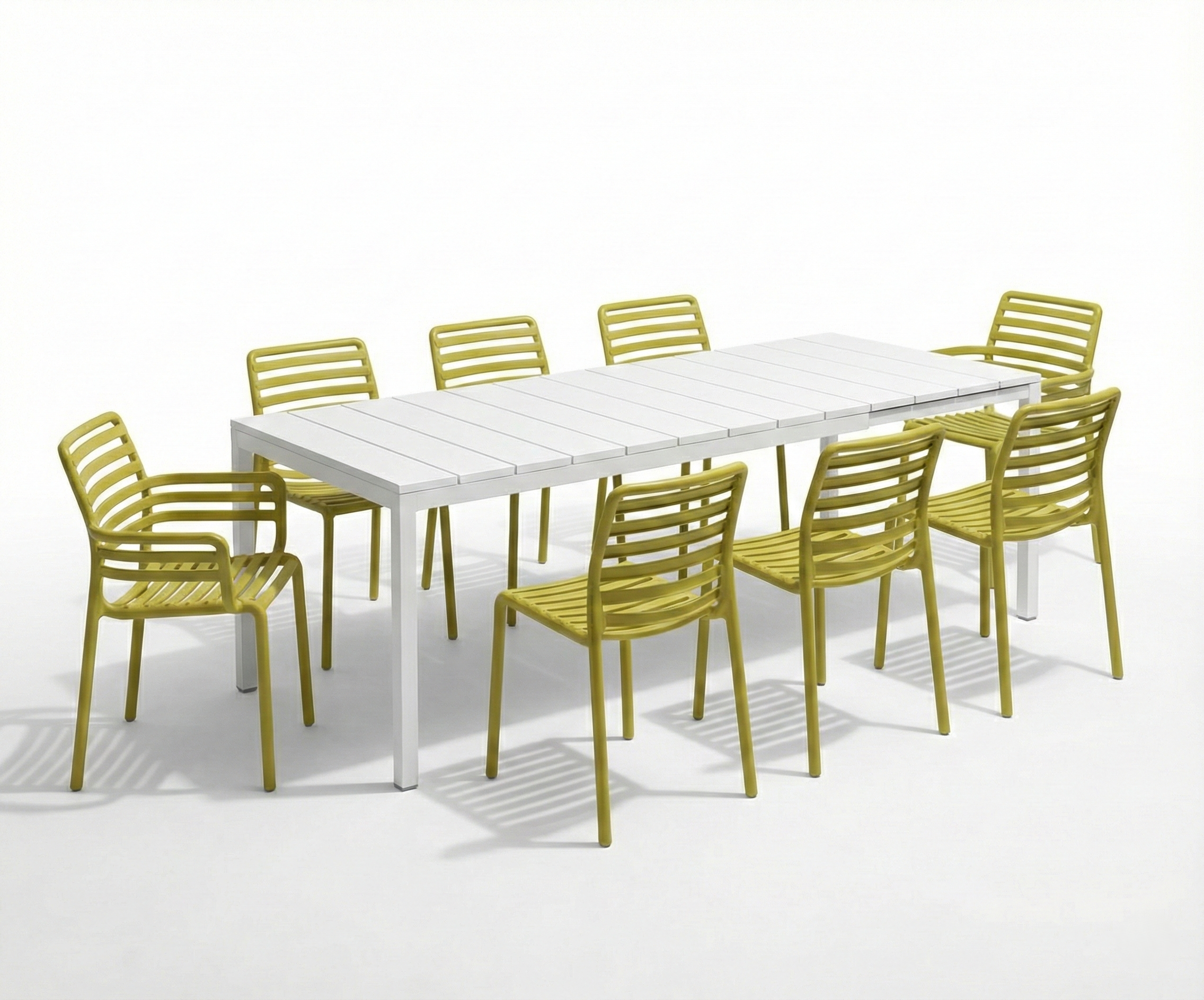 OFFERTA TAVOLO RIO ESTENDIBILE 210/280CM BIANCO +6 SEDIE +2 POLTRONE DOGA GIALLO