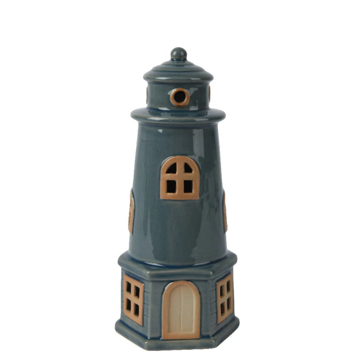 PORTACANDELE FARO BLU H22 CM IN PORCELLANA