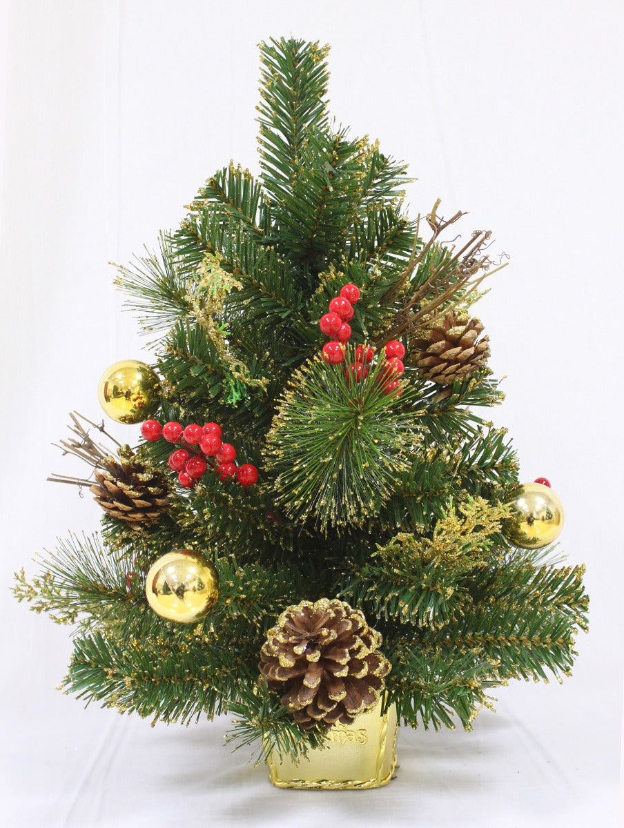 PINETTO VERDE 45CM CON BACCHE ORO E PIGNE