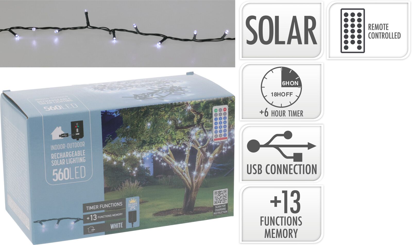 Catena luminosa ricaricabile, 560 LED, luce bianco freddo